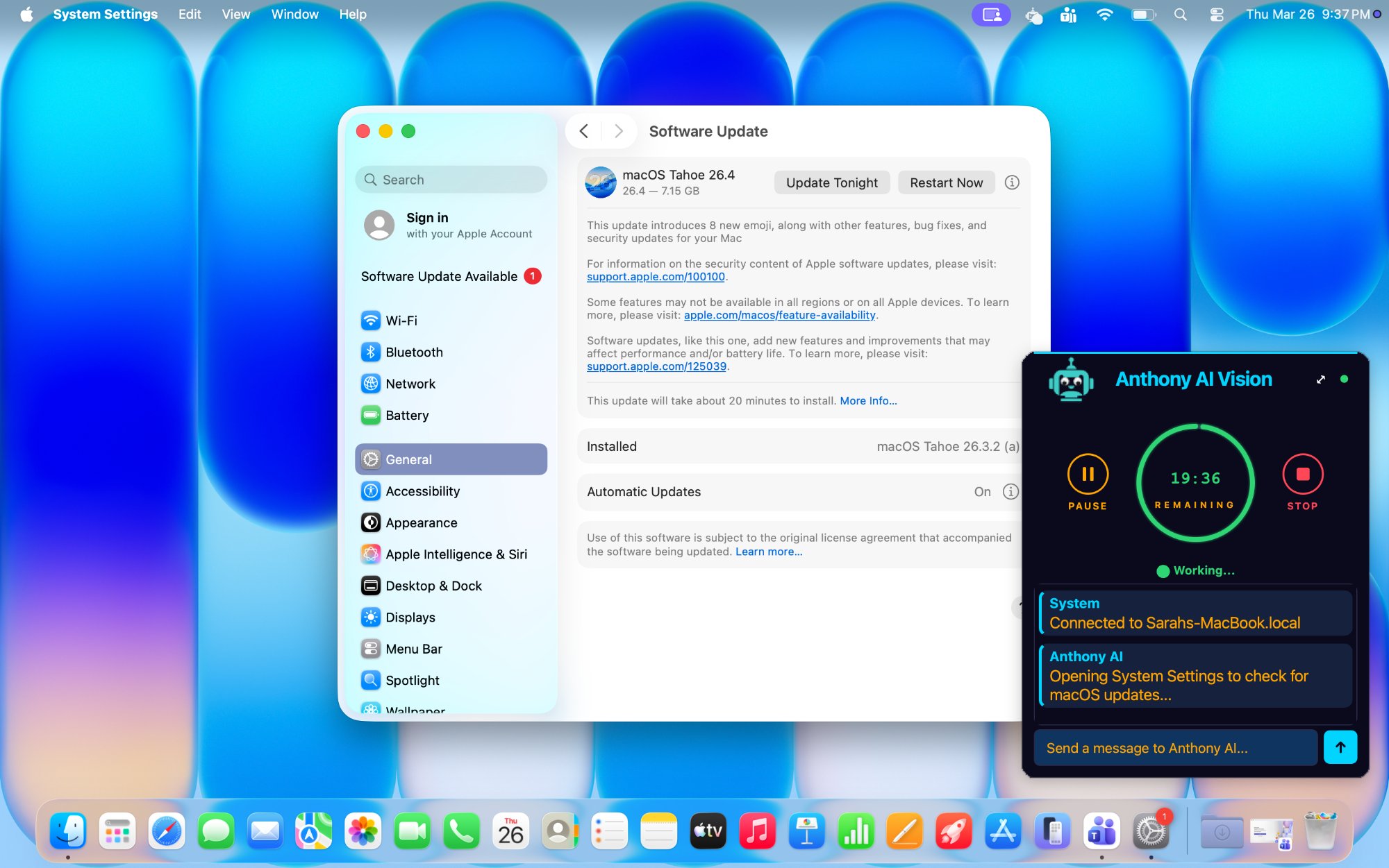 Anthony AI Vision autonomously opening System Settings on a Mac to check for macOS updates — real product screenshot
